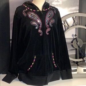 Berek 2 Black Velour Embellished Sequins Paisley Hooded Sweatshirt Jacket Sz XL